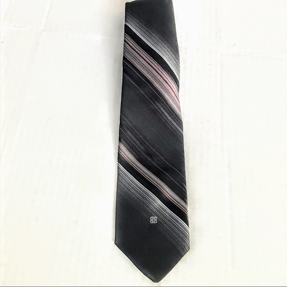 GIVENCHY Dark Gray White Black Thin Red Stripe Tie - Picture 2 of 11